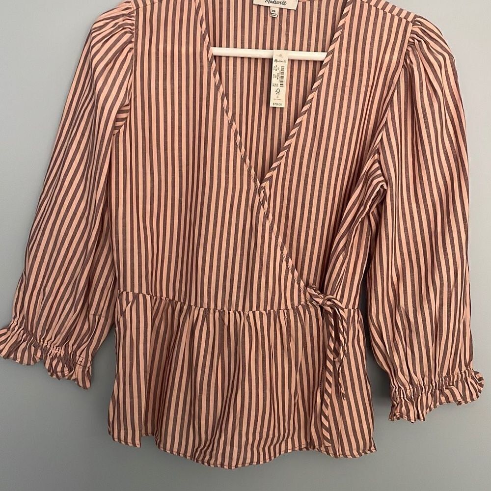 Madewell XS Stripped ruffled Tie Wrap Blouse Shirt MC794